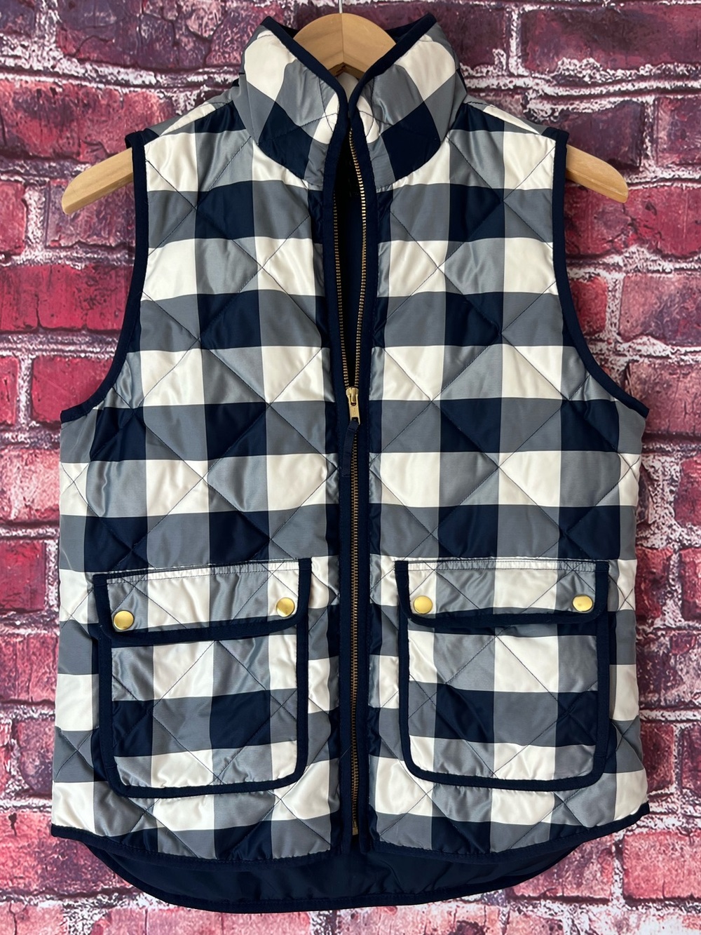 J.Crew Excursion Quilted Down Vest Navy Cream Buffalo Plaid